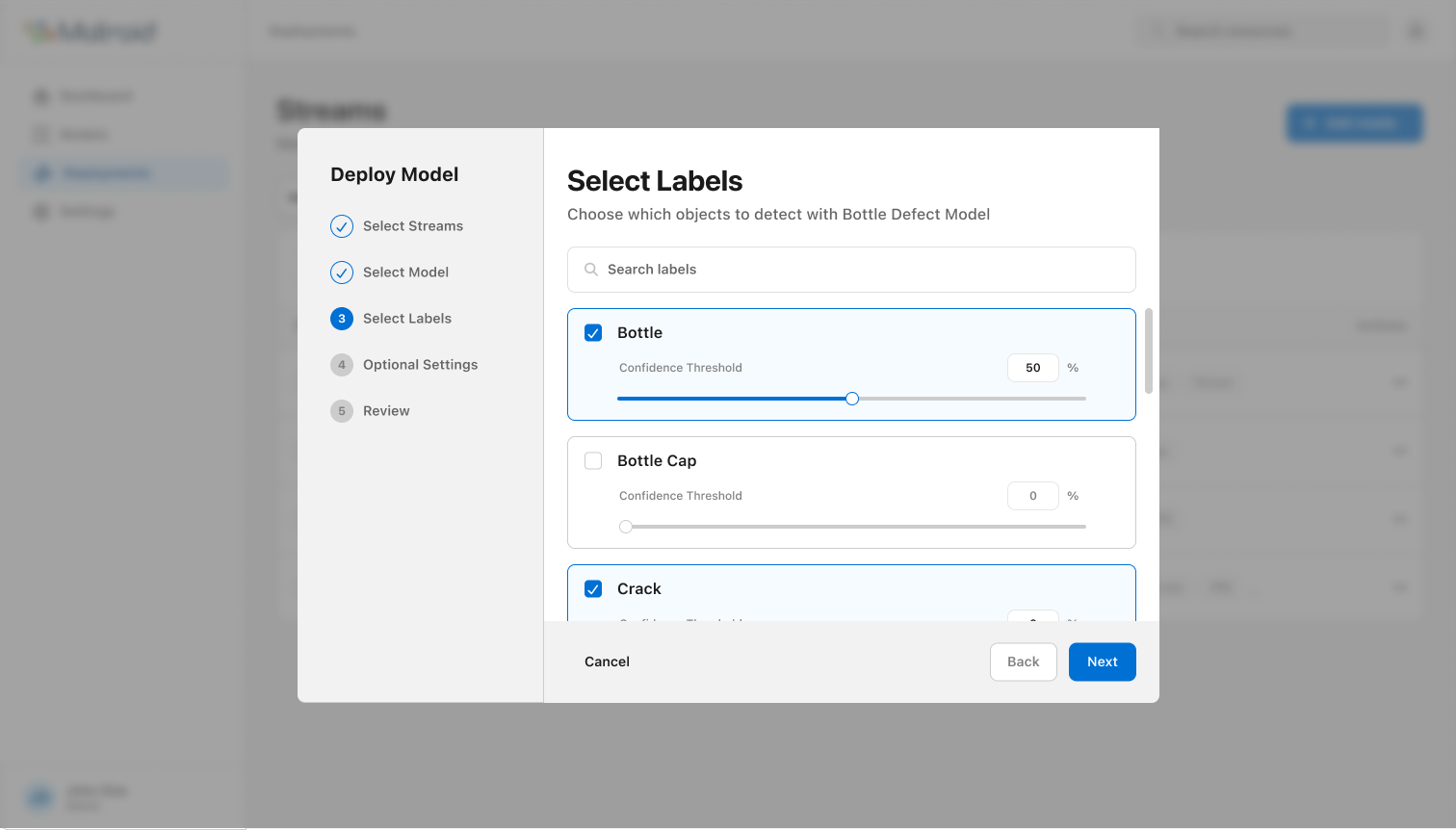 Label selection step with per-label confidence threshold sliders